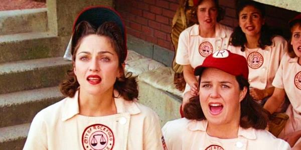 Mado<em></em>nna and Rosie O'Do<em></em>nnell in the dugout in A League of Their Own movie